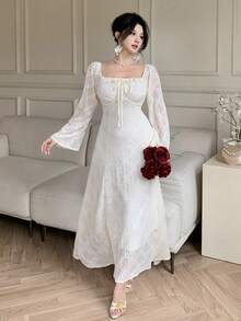 DAZY French Style Square Collar Lace Jacquard Dress, Waist Cinching, Slimming, Long Sleeve, Summer New Arrival, Wedding Guest Dress Women Dress Sundress - Beige - View 7