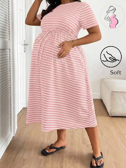 Plussiva Gaun Kasual Liburan Sehari-hari Bergaris Leher Bulat Ikat Pinggang untuk Wanita Hamil Ukuran Besar
