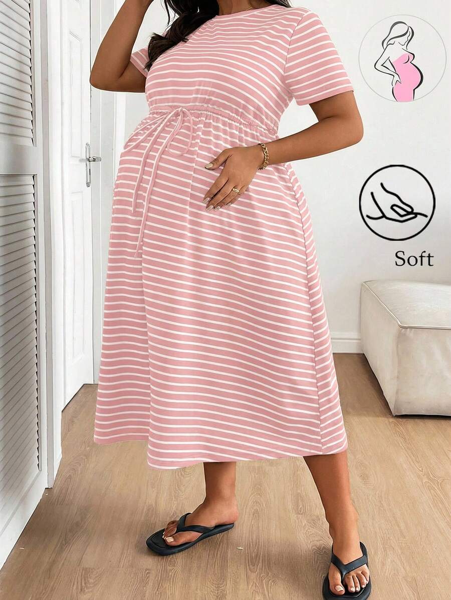 Plussiva 大码孕妇条纹圆领系腰休闲度假日常连衣裙 - 粉色 - 查看 1