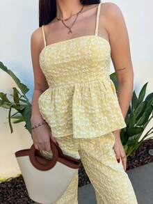 Hitanina 2件套女士优雅提花吊带背心和裤子套装，夏季 - 黃色 - 查看 3