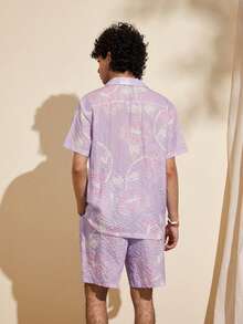 Felipe Marques Conjunto de camisa de manga corta y pantalones cortos con estampado floral y de pájaros para hombre, de corte holgado, atuendo casual para vacaciones en primavera/otoño y fiestas en la playa - Púrpura malva - Ver 2