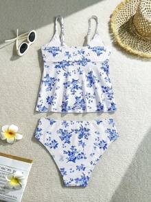 SHEIN Bộ đồ bơi tankini họa tiết hoa dành cho thiếu nữ, kiểu đan chéo. - Màu xanh lam - Xem 2