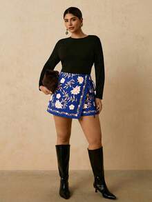 Travachic Plus Size Bohemian Casual Vacation Beach Shorts With Tie Decoration And Ruffle Hem For Women - Blue - View 4