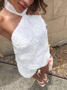 Aloruh Women's Solid White Halter Neck Shell Top And Long Pants 2 Pieces Set, Spring/Summer - White - View 5