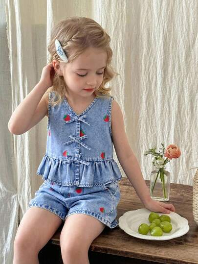 LMoss Kids 2件套 女童可爱草莓图案蓝色牛仔宽松无袖上衣和短裤套装