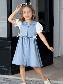 Elladie kids 1 chiếc đầm denim mùa hè kiểu dáng dễ thương, thoải mái dành cho bé gái, thiết kế phối màu. - Màu xanh lam - Xem 6