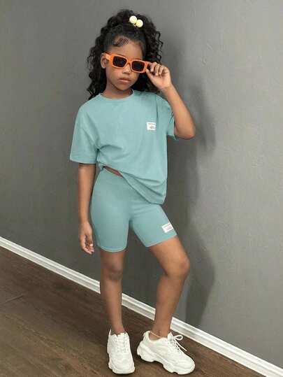 SHEIN 2pcs/Set Tween Girls Casual Fashion Loose T-Shirt And Tight Cycling Shorts, Two Pieces Outfit For Daily Wear