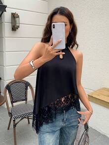 EastFlair Women's Contrast Lace Mandarin Collar Blouse - Black - View 3