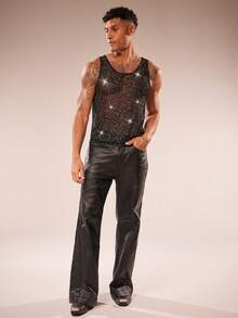 FeverCity Men's Mesh Sheer Glitter Round Neck Sleeveless Tank Top - Black - View 4