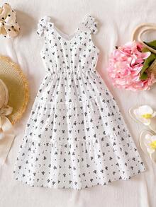 SHEIN Girls Lace Bowknot Strap Hollow Out Vacation Dress, Spring/Summer - White - View 5