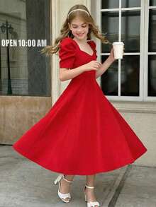 SHEIN Vestido casual para niña preadolescente de unicolor tejido con cuello de corazón y mangas gigot - Negro - Ver 4