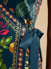 Travachic 女士度假风植物印花系带吊带迷你连衣裙 - 藏蓝色 - 查看 5