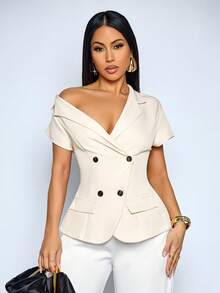 SOLERSUN Blazer Feminino de Manga Curta com Colarinho Assimétrico e Ajuste Slim, Modelo Elegante para Escritório e Uso Diário, Blazer Slim-Fit para Escritório/Festa para Mulheres - Damasco - Visão 8