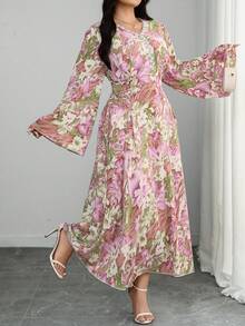 Modelyn Gaun Maxi Bergaya Abaya Motif Bunga Merah Muda yang Sopan, Motif Bunga Besar di Seluruh Permukaan, Gaya Romantis Boho Chic Musim Panas yang Elegan untuk Acara Siang Hari bagi Wanita - Berwarna merah muda - View 5