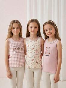 Conjunto de 3 camisetas interiores para niñas, con estampado de oso de dibujos animados, ropa interior cómoda e informal para el hogar. - Multicolor - Ver 3