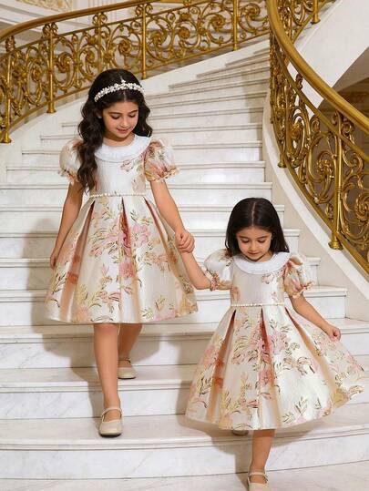 SHEIN 少女提花面料腰部串珠公主裙，搭配奢华长薄纱裙，适合生日派对、婚礼、演出等场合。