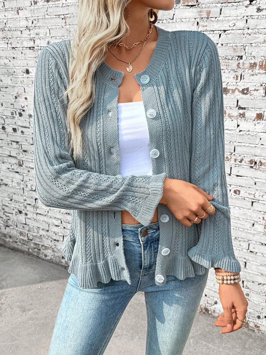 EMERY ROSE Women's Casual Minimalist Hollow-Out Knit Button-Front Cardigan, Spring/Autumn - Grey - View 1