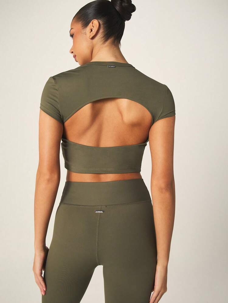 Missguided x Playboy Logo Graphic Short Sleeve Crew Neck Open Back Athletic Top With Cut Out Detail