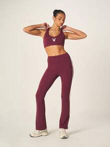 Missguided x Playboy Burgundy Racerback Sports Bra And High Waisted Flare Leg Leggings Set With White Contrast Trim - Burgundy - View 5