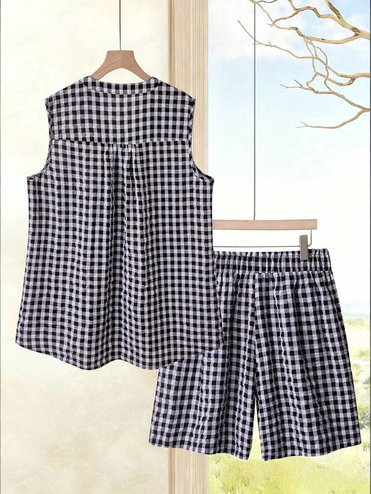 Plus Size Women Plaid V-Neck Camisole And Shorts Casual 2-Piece Set\Summer\Vacation Summer Outfits Summer Clothes  Spring  Spring Outfit Women Spring Clothes Country Style For Women Women's Summer Two-Piece Sets