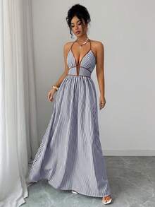 Elenzga Vestido casual de verano para mujer con tirantes y espalda descubierta a rayas - azul real - Ver 6