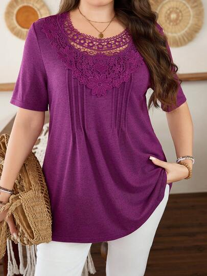 Lacomfia Women's Short Sleeve Embroidered Pleated Casual Comfortable Plus Size T-Shirt