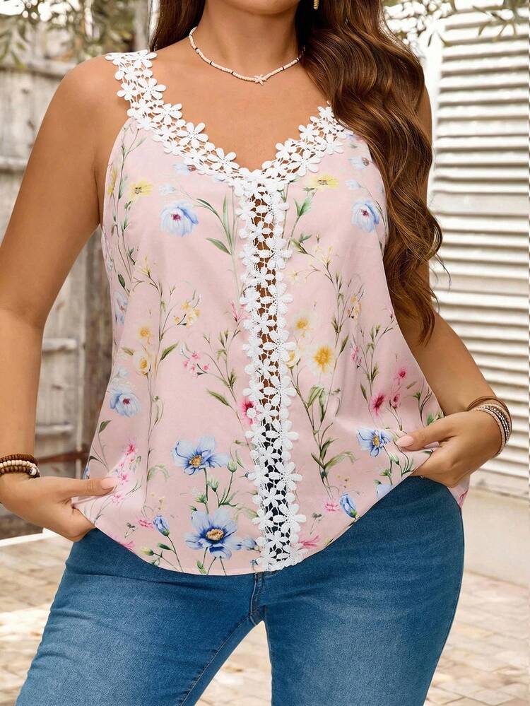 Plus Size V-Neck Floral Print Tank Top, Casual For Vacation,Vacation Woman Summer For Women Office Wear, Vacation Woman, Summer For Women Festival Boho,Holiday