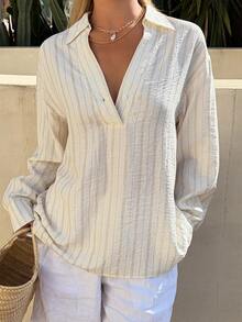 DAZY 女士宽松条纹衬衫，带领，春季款 - 杏色 - 查看 1