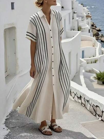 SHEIN Holidaya V-Neck Short Sleeve Vacation Floral Print Loose Long Dress, Suitable For Spring, Summer, Autumn And Winter, Suitable For Vacation, Dating, Elegant, Casual, Commuting, Daily Wear, Beach, Versatile Women Vacation Dress Casual Midi Dress Loose Summer Dress Summer Casual Dress Plus Size Shirt Dress