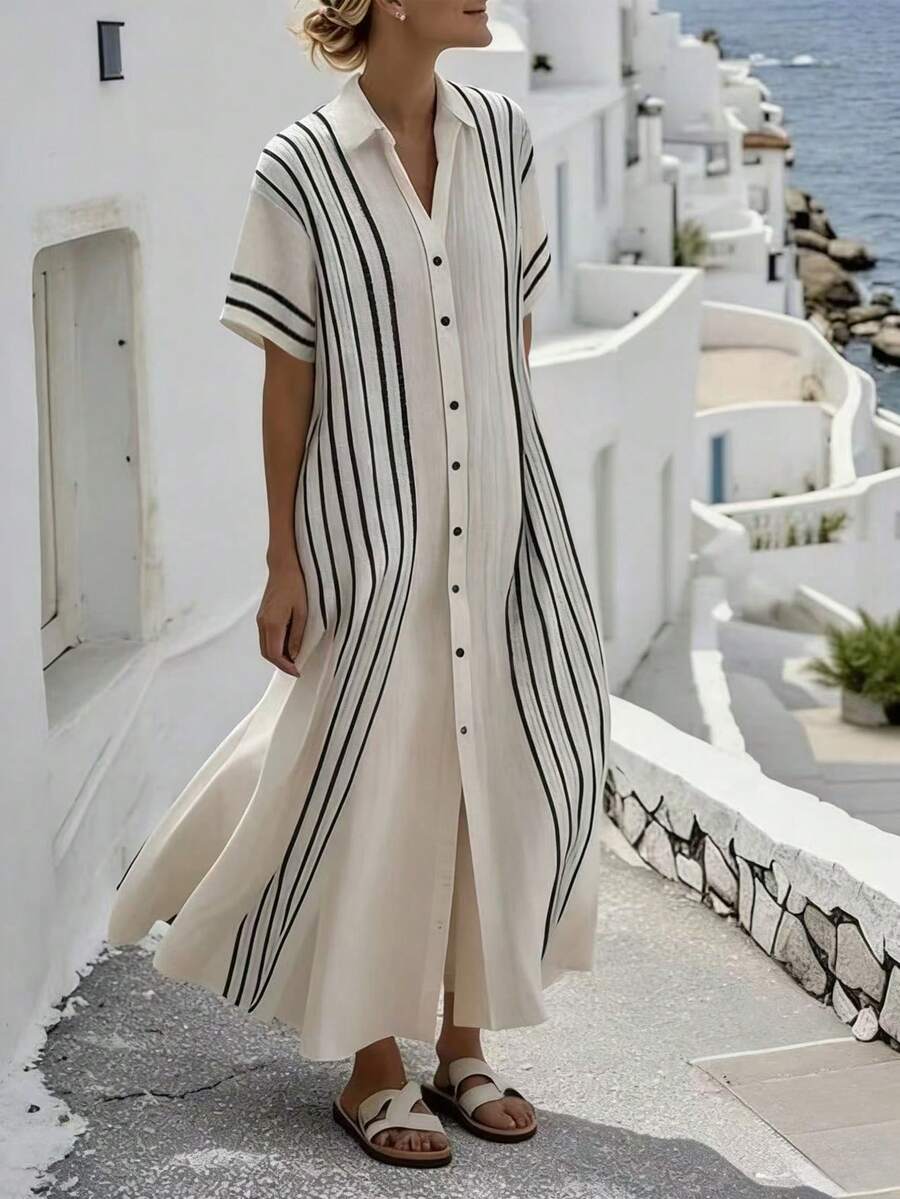 SHEIN Holidaya V领短袖度假印花宽松长裙，适合春、夏、秋、冬四季穿着，适合度假、约会、优雅、休闲、通勤、日常穿着、海滩等场合，百搭实用。 - 杏色 - 查看 1