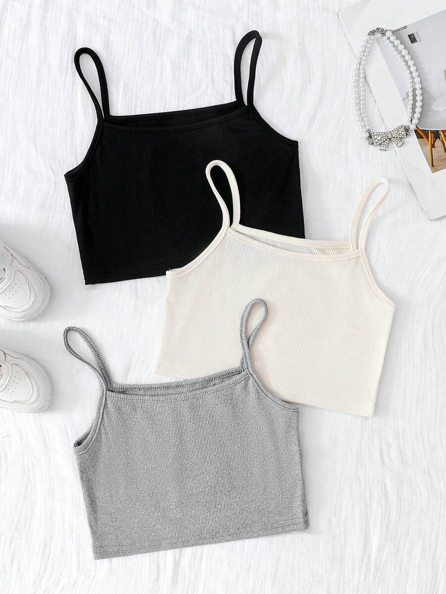 SHEIN Genkimix Kids 3件套经典简约舒适百搭吊带背心套装,适合少女 - 彩色 - 查看 1