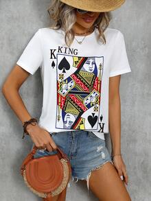 SHEIN Clasi Playing Cards Printed Short Sleeve T-Shirt Graphic Tees Women Tops - White - View 3
