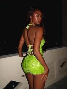 EgrlEra Bộ đồ hai mảnh gợi cảm kiểu dự tiệc dành cho nữ: áo crop top buộc dây và chân váy ngắn. - màu xanh lá - Xem 2