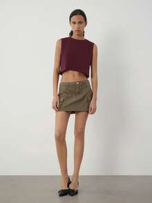 SHEIN BASICS 女士纯色圆领休闲宽松露脐背心 - 紫紅色 - 查看 4