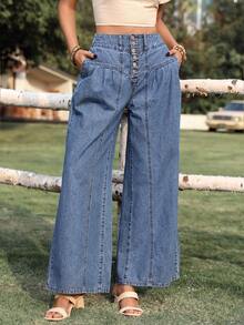 Breezaya 女士休闲宽松阔腿褶皱百搭牛仔裤 - 中等水洗藍 - 查看 1