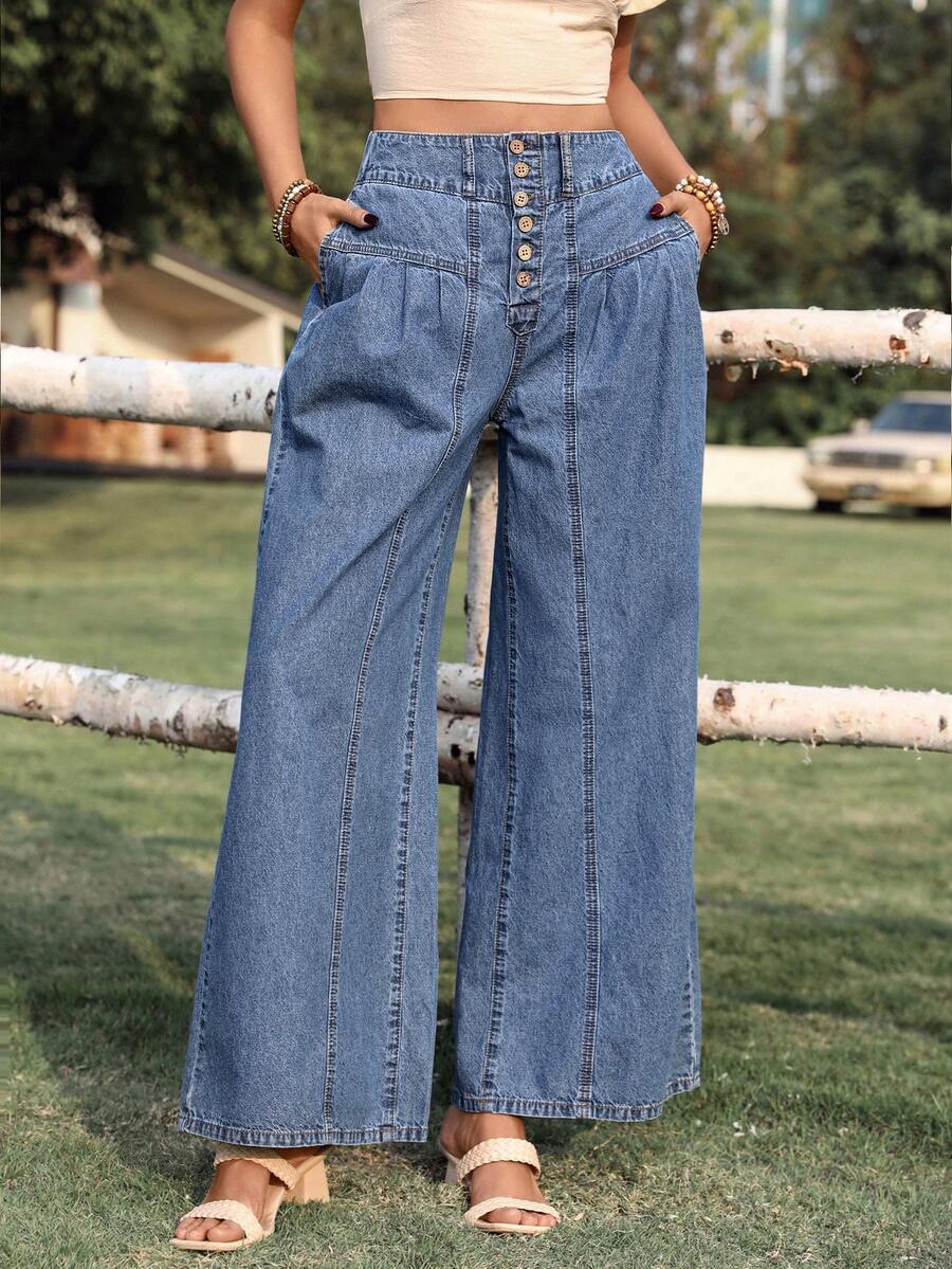 Breezaya 女士休闲宽松阔腿褶皱百搭牛仔裤 - 中等水洗藍 - 查看 1