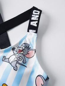 TOM & JERRY X SHEIN Tween Girl Cartoon Print Casual Jumpsuit Swimsuit - Blue and White - View 7