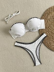 Swim Mod 2pcs/Set Special Fabric Underwire Bandeau Bikini Top And Thong Bottoms Sexy Fashion Swimsuit Set - Black and White - View 2