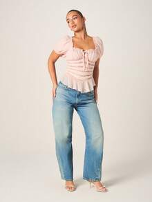 MISSGUIDED Light Pink Square Neck Puff Sleeve Lace Panel Corset Style Blouse With Tie Front Detail And Ruffle Trim For Spring Summer - Pink - View 4