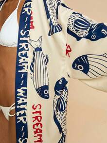 Travachic Letter & Fish Print Casual Loose Long Sleeve Kimono Cover Up,Beach,Beach Outfits For Women,Beach Set,Going Out,Vacation,Vacation Outfits Women,Holiday,Summer,Summer Clothes,Summer Outfits For Women,Party ,Going Out,Going Out Outfits,Casual,Elegant,Y2k,Flower - Blue - View 7