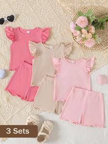 SHEIN Playful Pals 6件套女婴荷叶边领多色拼接上衣，泡泡袖，松紧腰短裤套装，舒适休闲可爱，适合春夏秋季穿着 - 彩色 - 查看 2