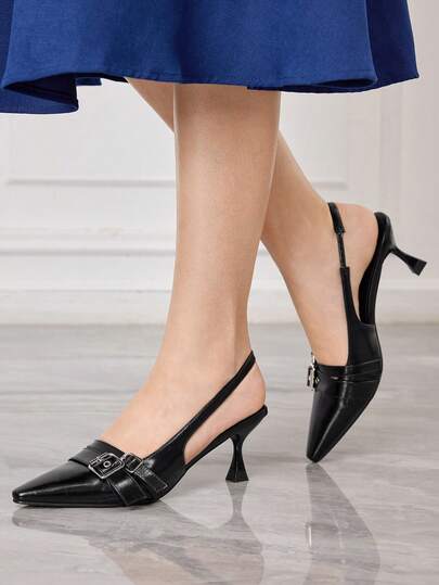 Sleekvia Women's Black Pointed Toe Front Button Gold Square Hollow Asymmetric Heel Pumps, Commuting & Casual Street Style