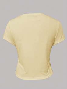 INAWLY 女士休闲日常通勤简约百搭骑士刺绣短袖T恤，夏季 - 黃色 - 查看 2