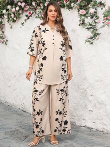 EMERY ROSE 大码印花衬衫和裤子两件套，休闲度假装 - 杏色 - 查看 3