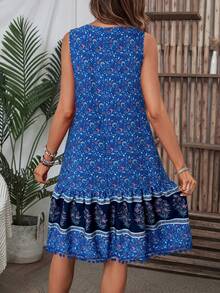 SHEIN LUNE 女士度假休闲印花流苏无袖连衣裙 - 藍色 - 查看 2