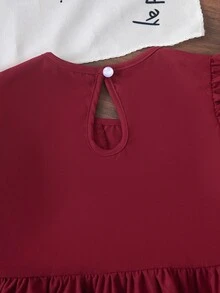 Elladie kids Young Girls Cute Ruffle Hem Asymmetrical Design & Bow Print Casual Pants Set - Burgundy - View 5