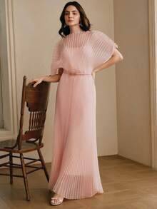 Anewsta Vacation Outfit Dress, Fashionable Pink Batwing Sleeve Mid-Sleeve Cinched Waist Flared Dress Pink Pleated Dress - Pink - View 6
