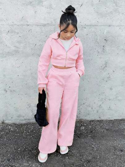 SHEIN Conjunto de sudadera holgada de punto con capucha de unicolor, cómoda para fiestas y uso diario, para niñas preadolescentes