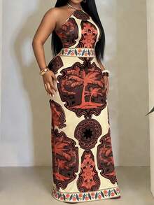 Slaydiva 2025 New Arrival Vacation Suitable For Spring & Summer, Orange Versatile Daily Casual All-Match Beach Halter Tie Waist Abstract Gradient Geometric Print High Slit One-Sided Slit Dress - Multicolor - View 1