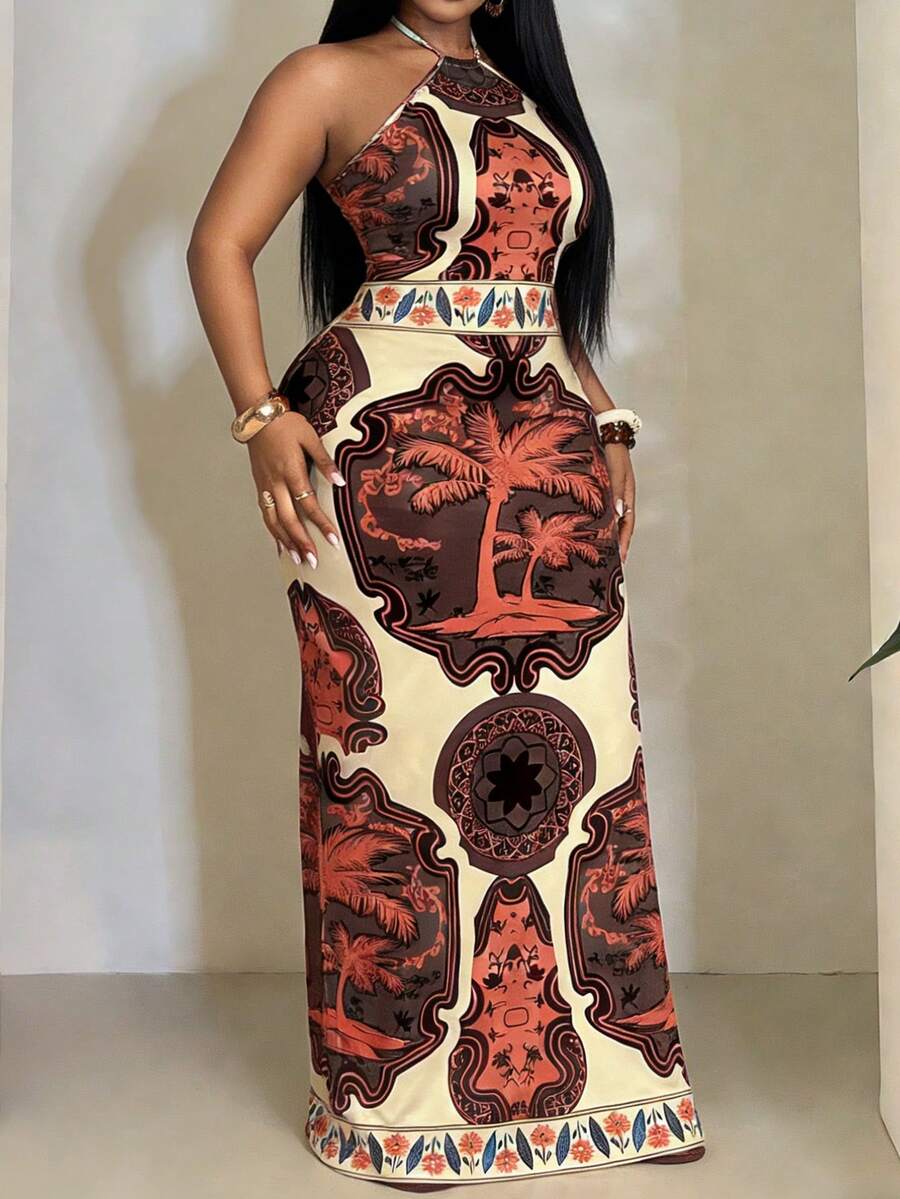 Slaydiva 2025 New Arrival Vacation Suitable For Spring & Summer, Orange Versatile Daily Casual All-Match Beach Halter Tie Waist Abstract Gradient Geometric Print High Slit One-Sided Slit Dress - Multicolor - View 1